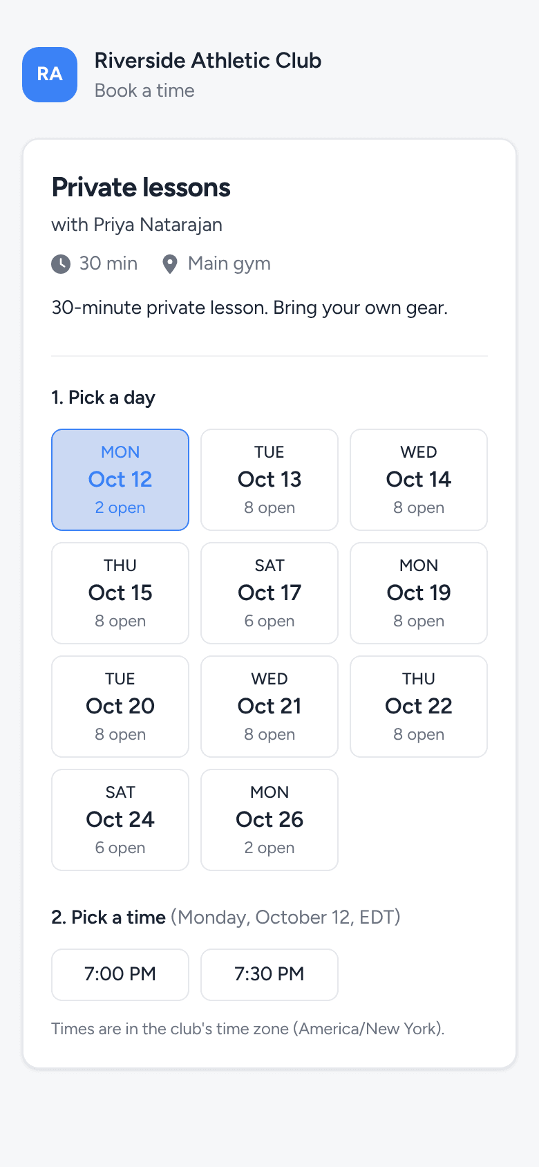 The booking page on a phone: the club name, “Book a time”, Private lessons with Priya Natarajan, and a row of days with open times.