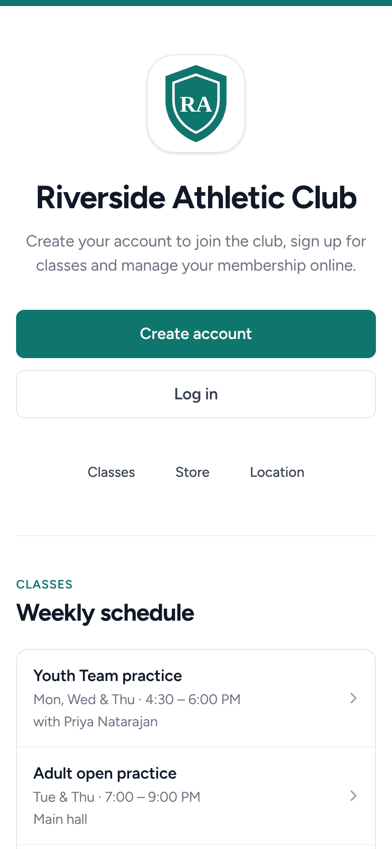 A club one-pager on a phone: logo, club name, Create account and Log in buttons, then the weekly class schedule.