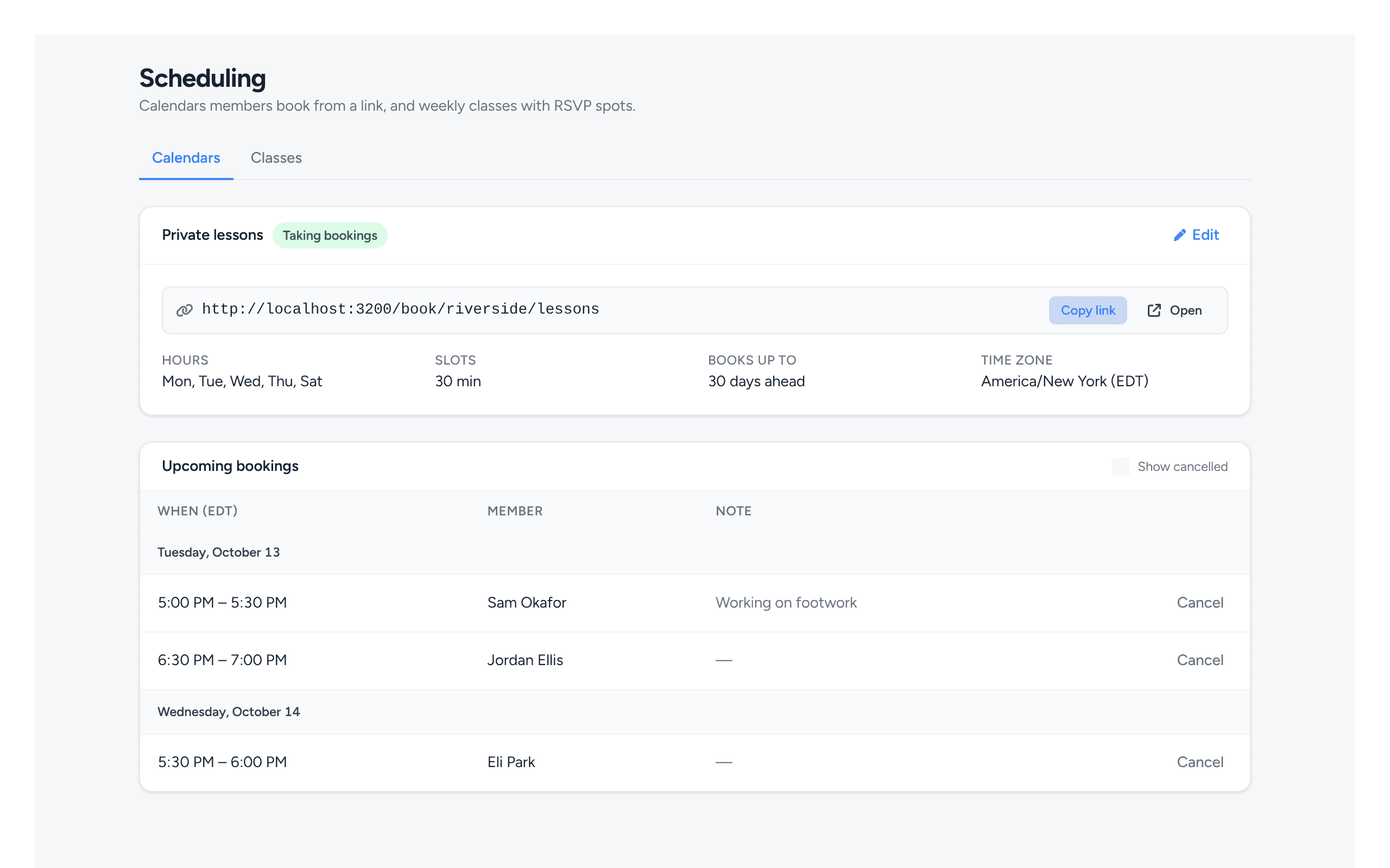 The Scheduling view: a Private lessons calendar marked Taking bookings, with its booking link, Copy link and Open buttons, its hours and slot length, and a list of upcoming bookings grouped by day.