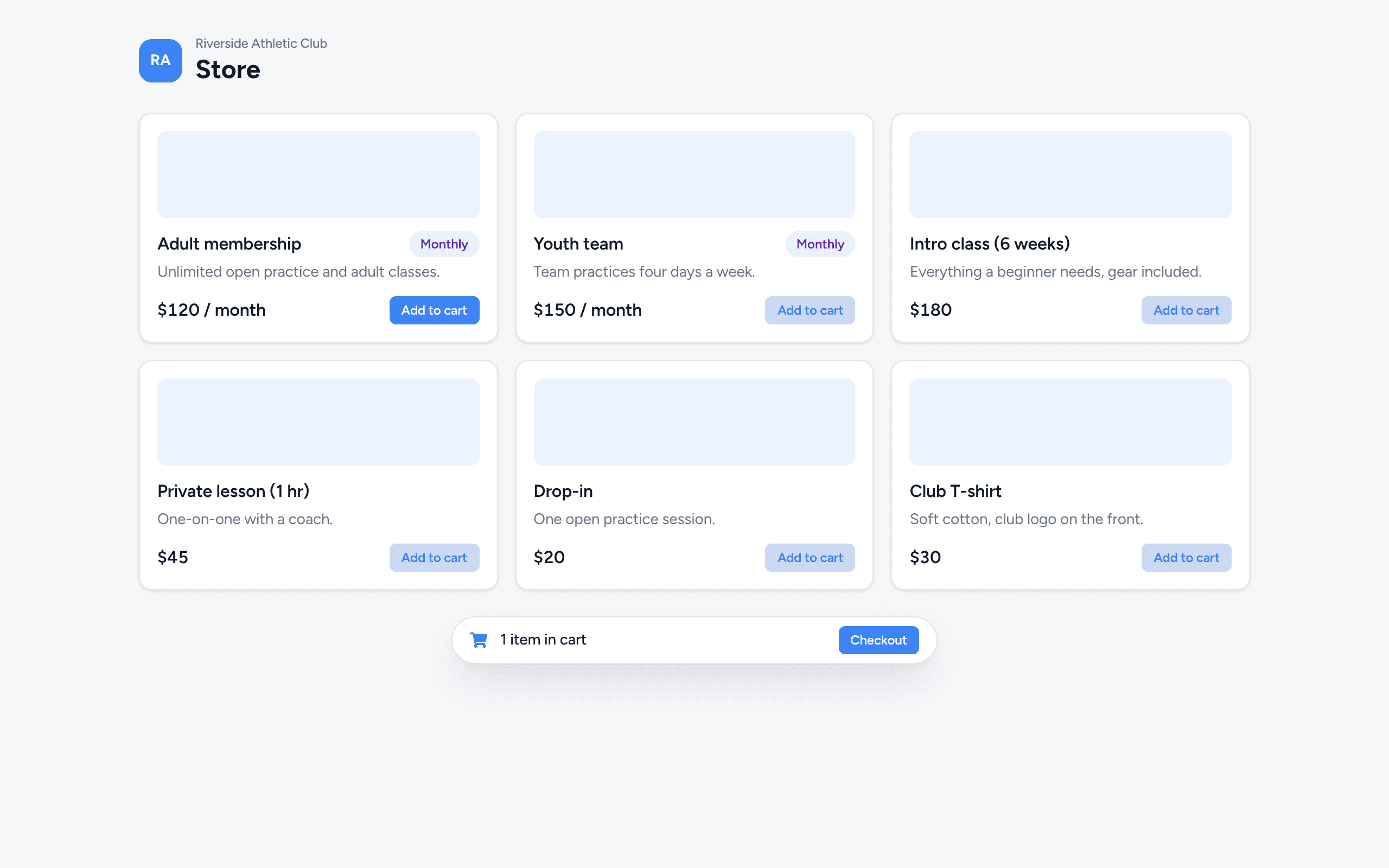A club store page with product cards: Adult membership $120 a month, Youth team $150 a month, Intro class $180 and more, each with an Add to cart button, and a cart bar with Checkout.