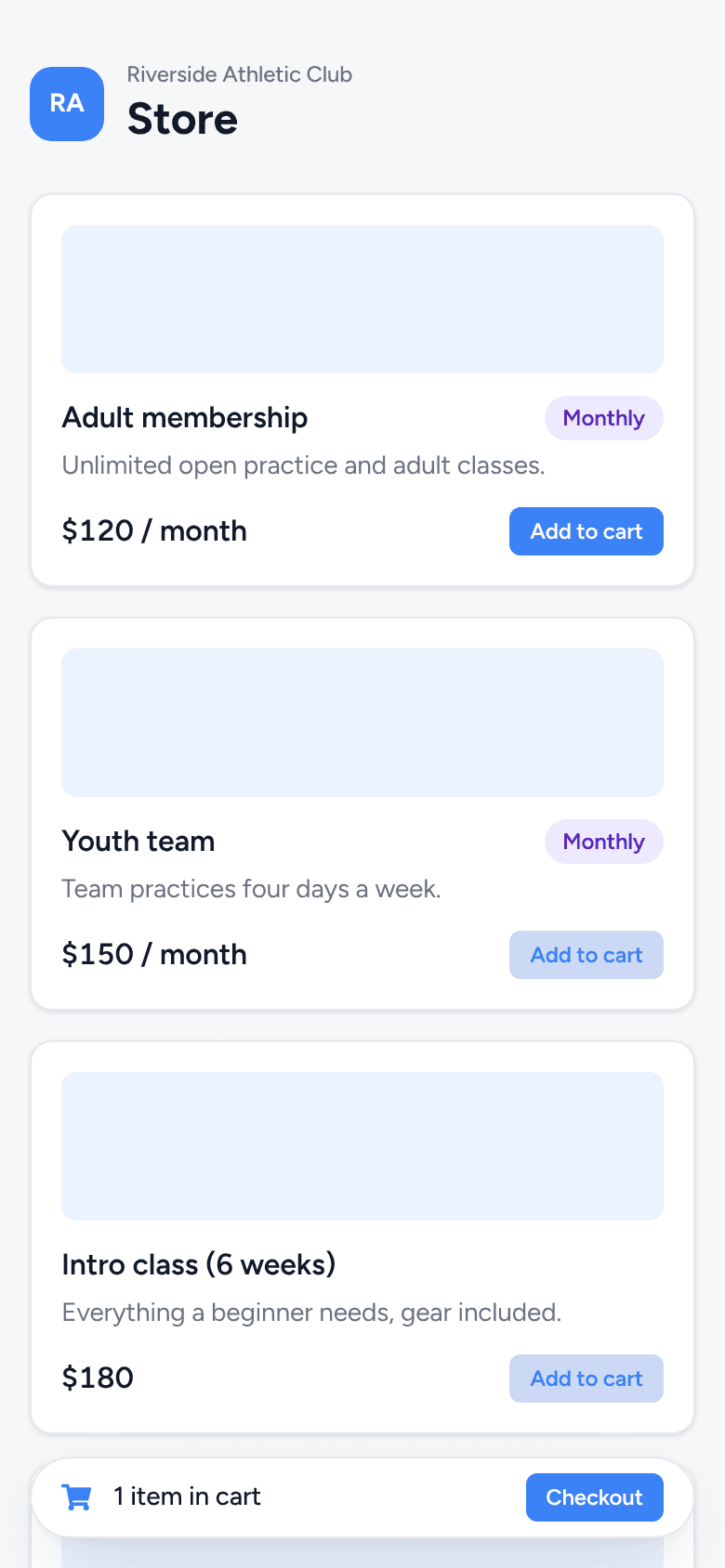 The store page on a phone, products stacked in one column.